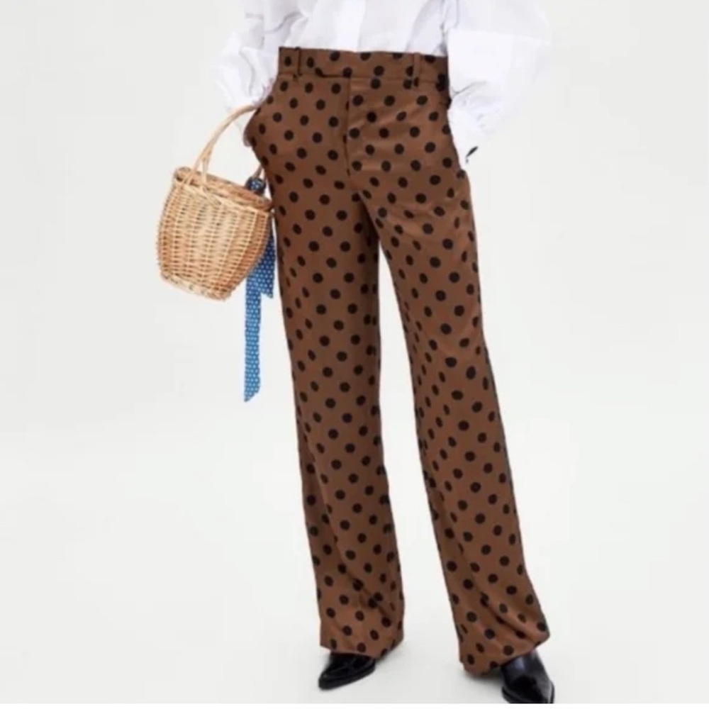 Zara Brown and Black Polka Dot Satin Wide Leg Dress Pants